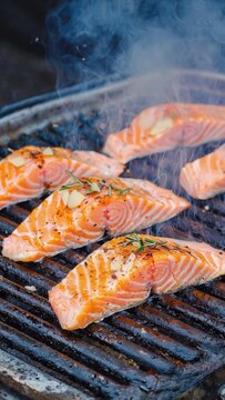 Grilled salmon fillets cooking over open flames