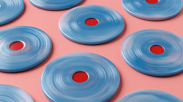 Repeating pattern of glossy light blue vinyl music records with red center labels arranged on solid light pink background creates retro abstract geometric pattern design