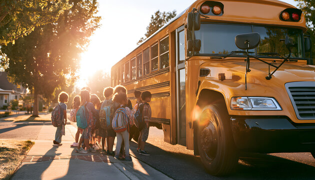 Bright yellow school bus parked on the suburban street with students waiting to board.