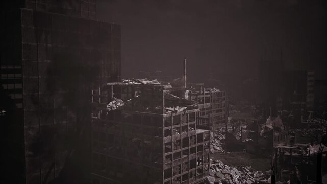 Ashhazed skyline beyond destroyed blocks, distant silhouettes softened by soot and haze, lingering sense of catastrophe and wide urban emptiness