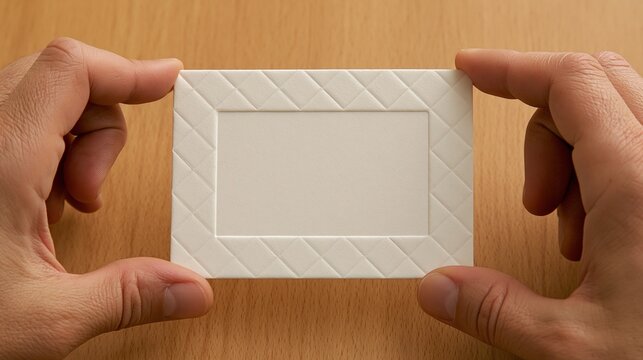 Two adult human hands holding blank embossed white greeting card with geometric diamond border over light wooden table shows template for custom message