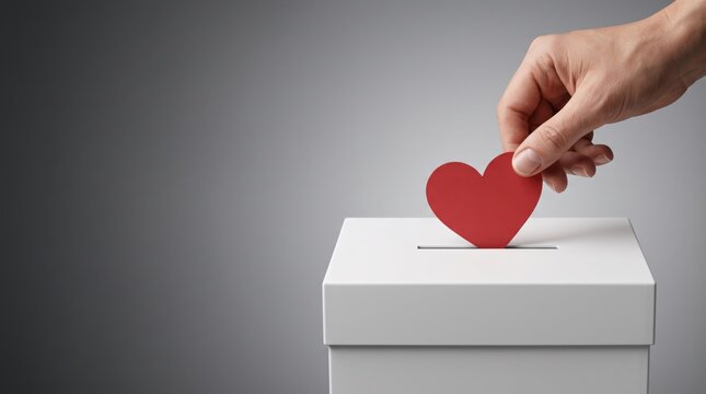 Charity donation concept with a hand placing a red heart into a donation box, symbolizing generosity, kindness, fundraising, nonprofit support, volunteering and social giving