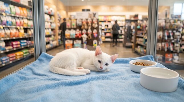 Adopt a pet concept with a cute white kitten waiting in a pet store, animal shelter, rescue, adoption