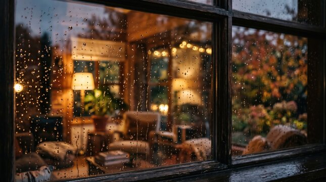 Rainy autumn window with water droplets and colorful foliage outside, overlooking a warm cozy interior with soft lights, creating a peaceful seasonal atmosphere