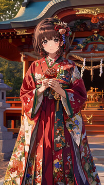 神社で参拝する着物姿の人物の全身イラスト