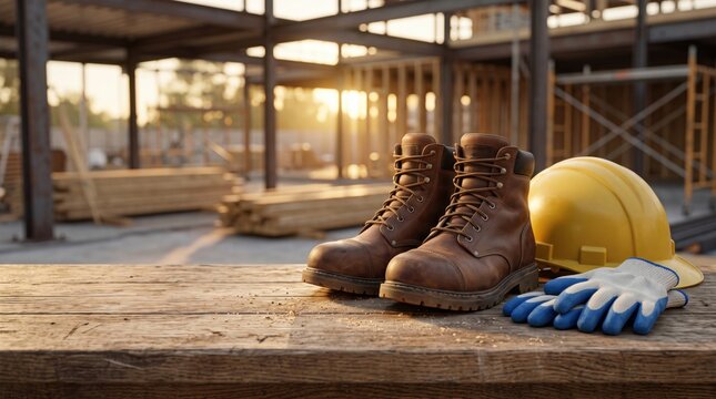 Construction work boots, yellow hard hat and protective gloves on a wooden workbench at a building site, representing workplace safety, skilled labor and construction