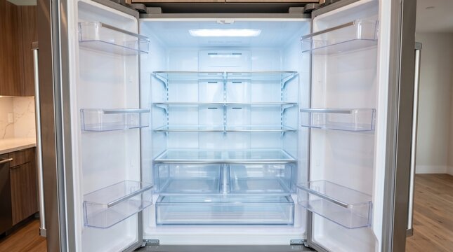 New empty refrigerator with open doors, clean shelves, spacious interior, modern kitchen appliance, design, storage compartments and home interior