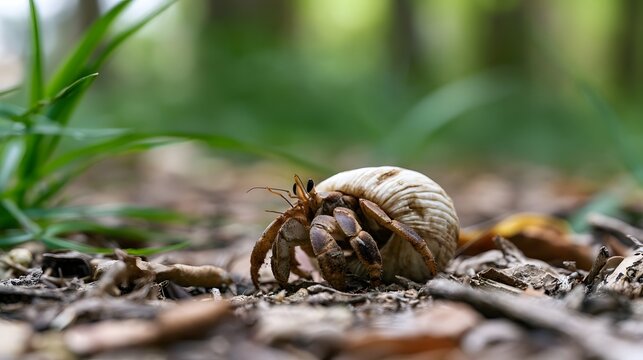 A hermit crab emerges from its shell on a forest floor covered with dry leaves and green grass
