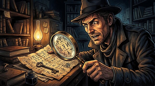 Detective investigating mysterious ancient runes in a dark library