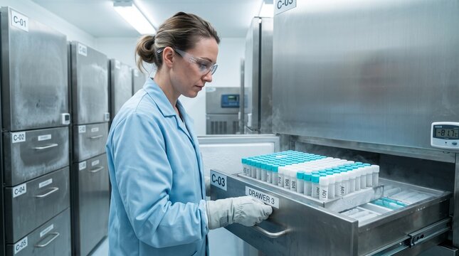 Laboratory specialist retrieves biobank racks from cold storage