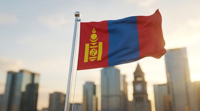 Mongolia national flag waving against a soft bokeh city background during golden hour sunset