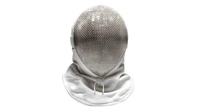 A white fencing mask with a silver metal mesh face guard with competition protection equipment accessory athletic clothing martial uniform with sports