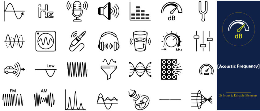 Acoustic frequency icon set, 25 sound wave and audio measurement vector symbols, professional music production and physics line art