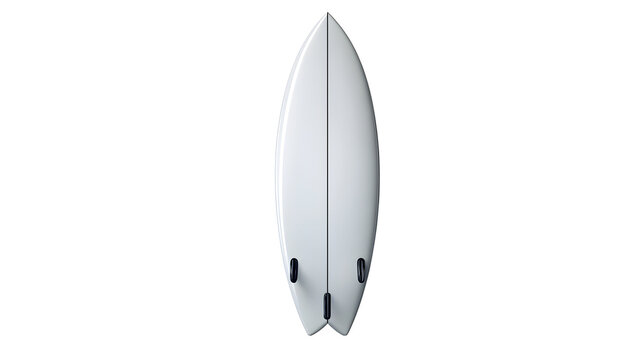 White fiberglass surfboard with black fins on a plain background with highly detailed white recreation equipment adventure surfing leisure with hobbies