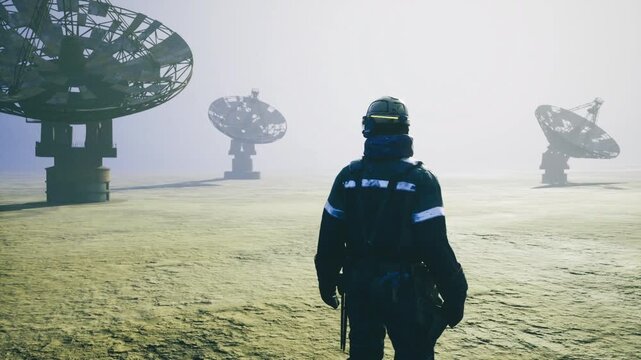 Silhouetted operator walking among satellite dishes amid thick mist, muted color tones, distant arrays receding into haze, practical backpack and gear visible,
