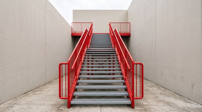 Symmetrical Modern Exterior Metal Staircase With Vibrant Red Handrails Between Concrete Walls