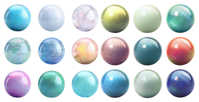 Set of glassy spheres in various colors isolated on transparent background