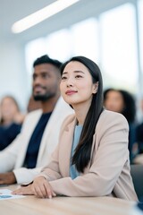 Obraz premium Young professional woman attending a corporate seminar in a modern conference room for presentation background and business banner