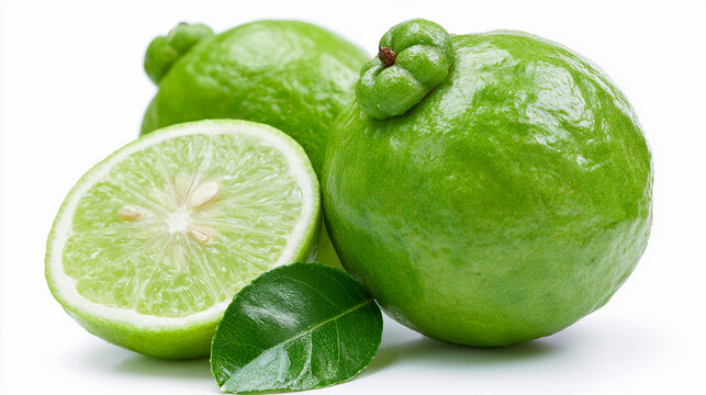Fresh green bergamot fruit with cut half isolated on white background