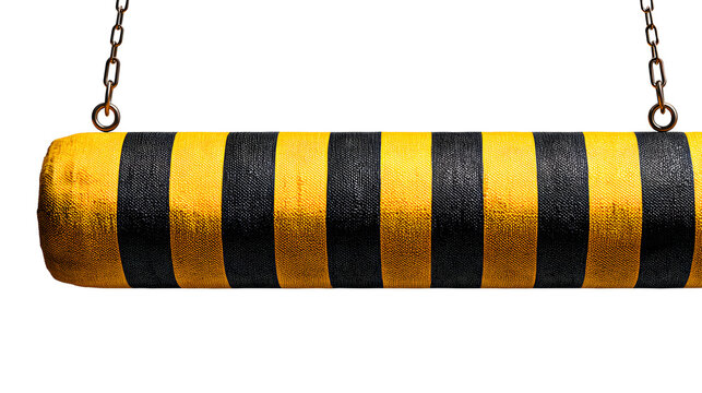 Detailed yellow and black striped wrecking ball hanging from rusty chains with against white background heavy machinery construction destruction