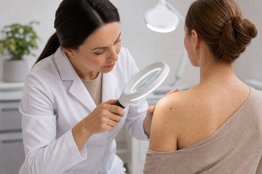 Dermatologist in white coat examines a patient&rsquo;s back with a magnifier during a skin consultation. Close, clinical setting highlights skincare, diagnosis, and professional care. The scene emphasizes