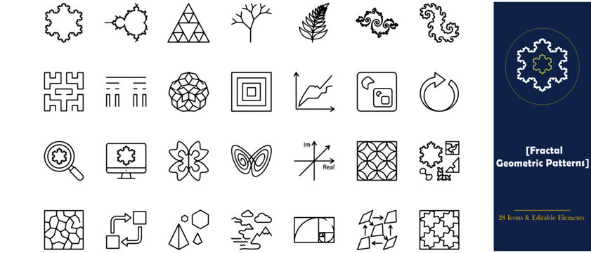 Fractal geometric Chladni patterns and mathematical icons set, 28 linear vector elements, scientific symmetry and chaos theory symbols