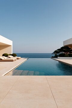 Vertical luxury infinity pool view between modern cabanas facing the sea for vertical wallpaper and mobile background