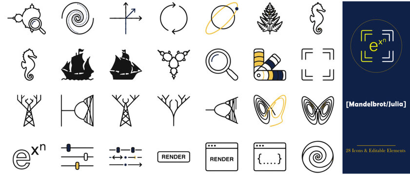 Minimalist Mandelbrot Julia fractal Chladni Patterns icons, 28 mathematical vector elements. Scientific algorithm symbols for software UI design.