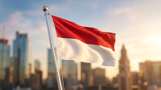 National flag of Indonesia waving on silver flagpole against blurred modern cityscape background during golden sunset