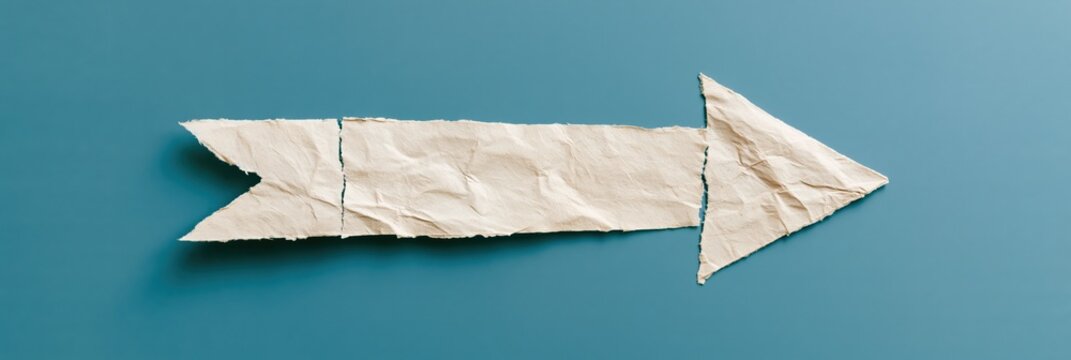 Torn paper arrow strip laid horizontally on blue background for banner and background design with ripped handmade texture
