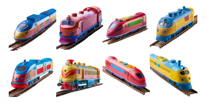 Colorful Toy Trains on Railway Track for Play and Learning Fun, isolated on transparent background