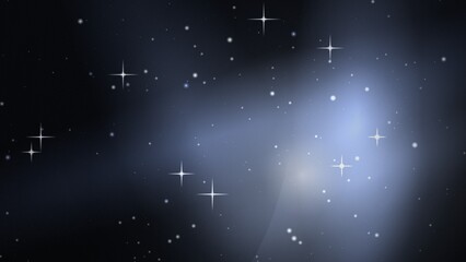 Deep space background, with a glowing, blue nebula, scattered, bright stars, and, four-pointed starburst lens, flares against a, dark cosmic void © Pixel With MH
