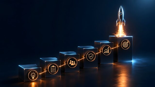 Rising metallic steps with glowing business icons leading to a rocket launch, symbolizing corporate growth, secure strategy, and startup success.