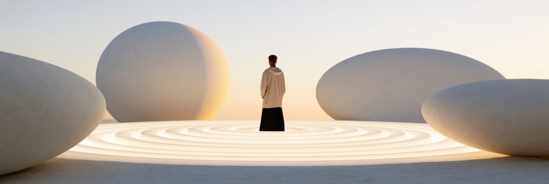 Wide minimal surreal panorama of a lone person centered among enormous spheres over glowing concentric rings for background poster wallpaper design