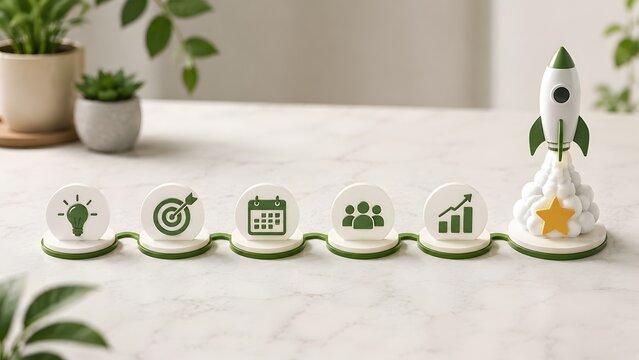 Clean 3D business process icons linked by a green line with a launching rocket on a marble table, symbolizing sustainable growth and eco-friendly startup strategy.