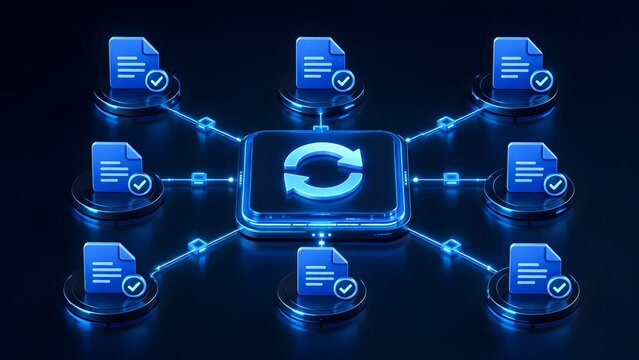 Centralized digital data processor hub synchronizing and distributing approved document files across a glowing blue cyber network