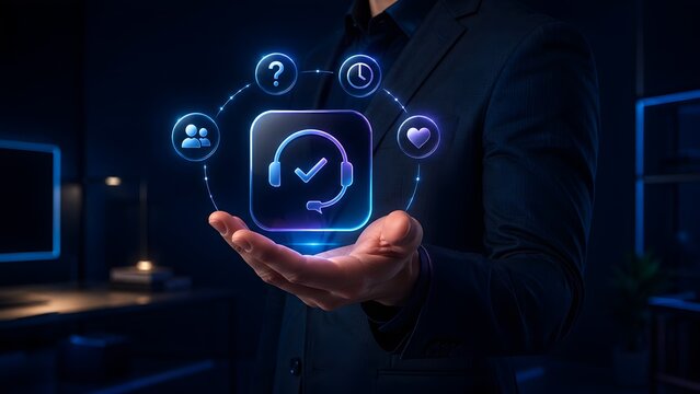 Corporate executive holding a futuristic digital customer service interface featuring a glowing headset icon symbolizing expert tech support and dedicated client care