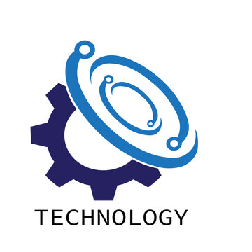Minimalist technology logo design featuring a gear and abstract orbital circuit technology innovation engineering industrial abstract computing technical mechanical automation development