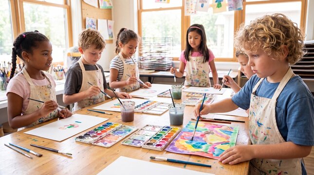 children art class painting classroom creativity education students learning supplies make colorful artwork together for creative development teamwork afterschool programs and education marketing