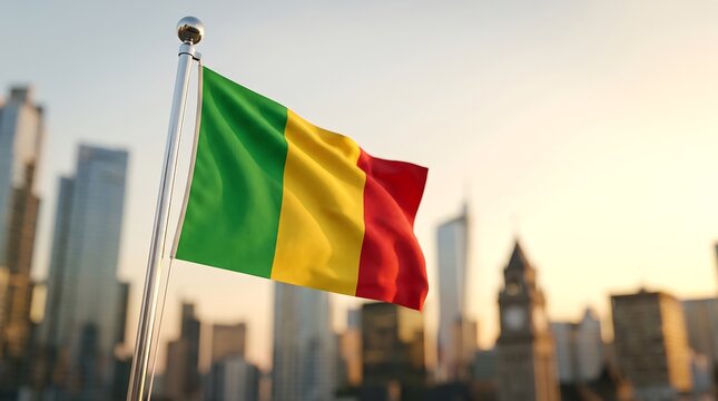 National flag of Mali waving on flagpole with blurred modern city skyline during golden sunset