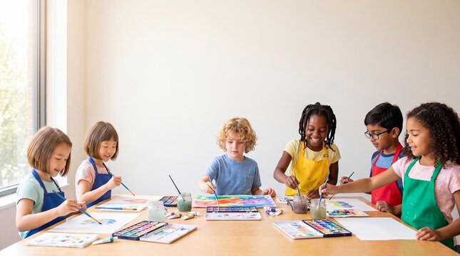 children art class painting classroom creativity education students supplies teamwork create colorful projects around a table for expression collaboration afterschool programs and education marketing