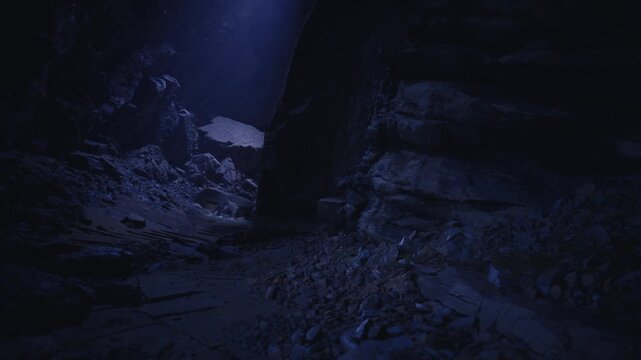 Narrow cavern slit with moonbeam shaft, photographer framing silent shot, sharp rock contours, cool blue palette, hush of distant echo, ideal for editorial