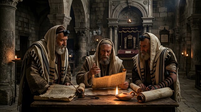 Jewish elders reading sacred Torah scrolls by candlelight in an ancient stone synagogue