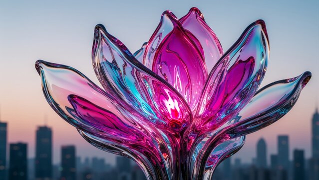 Abstract Glass Lotus Flower Sculpture Glowing Against a Blurred City Skyline at Sunset