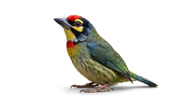 Colorful Coppersmith Barbet bird isolated on white background.