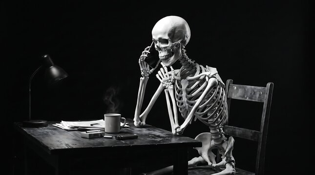A spooky human skeleton sitting at a wooden desk in a dark room drinking coffee and talking on an old telephone for a halloween theme