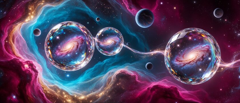 Abstract Cosmic Journey with Spiral Galaxies Encapsulated in Crystal Spheres and Colorful Nebulae