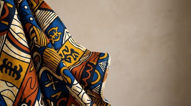 Traditional african fabric with adinkra symbols draped on neutral wall