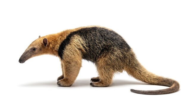 A side profile of a southern tamandua standing on a white background.