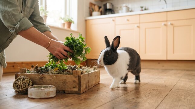 Pet owner offers forage enrichment to an eager house rabbit